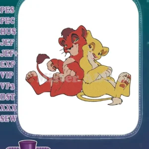 Embroidered design of young Scar and Nala from The Lion King, sitting back-to-back, in vibrant thread colors.