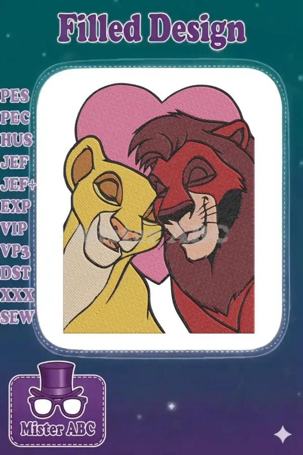 Embroidered design of Simba and Nala from The Lion King, nuzzling affectionately against a pink heart background.