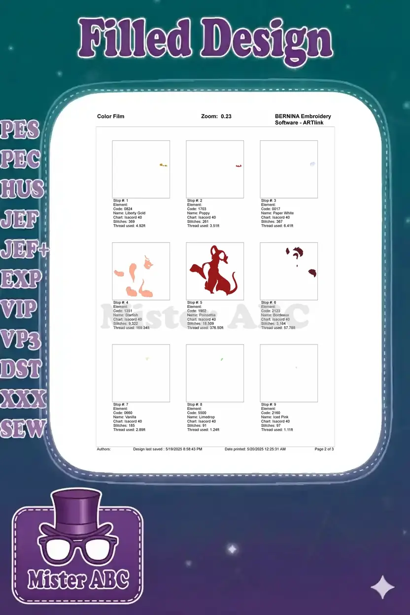 Color Film page 2 for the Scar and Bee embroidery, showing individual color stops and thread usage.