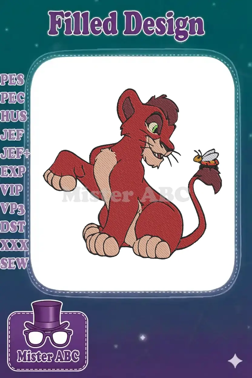 A vibrant embroidery design of young Scar, the red lion cub, curiously observing a small bee on his tail.