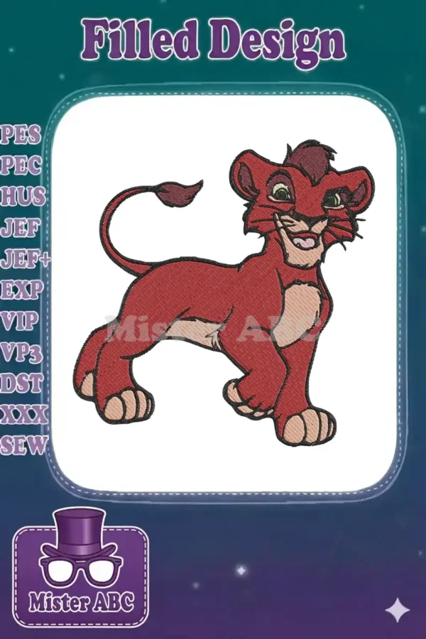 Vibrant red lion cub embroidery design, standing playfully, showcasing detailed stitching and cartoon charm.