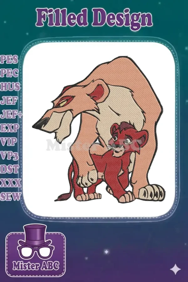 An intricate embroidery design featuring Zira, the fierce lioness, protectively guarding young Kovu from The Lion King 2.