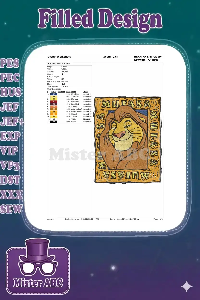 Detailed Mufasa embroidery design worksheet showing dimensions, stitch count, color sequence, and thread codes.