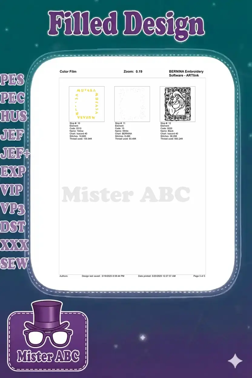 Second page of the Mufasa embroidery color film, detailing the final stitching steps and outline.