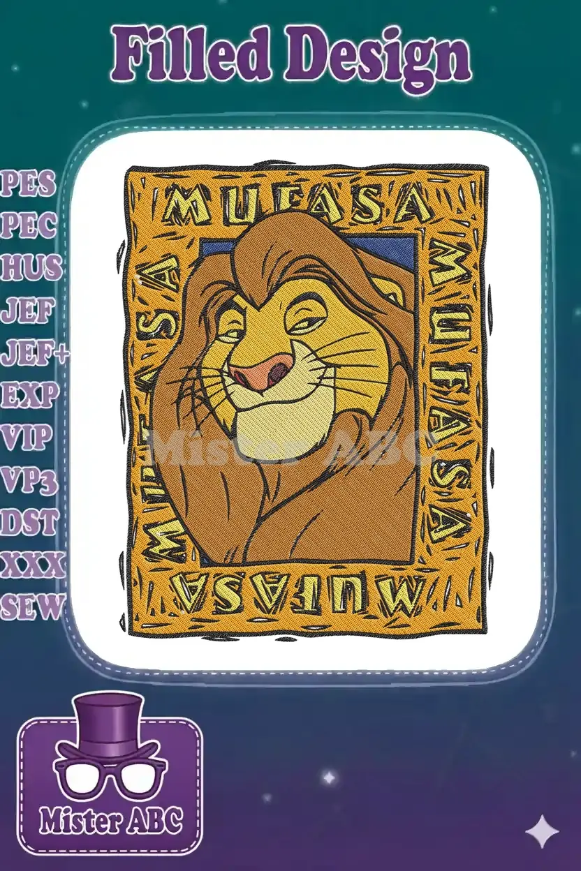 Embroidered portrait of Mufasa from The Lion King, framed by his name, showcasing detailed fur and regal expression.