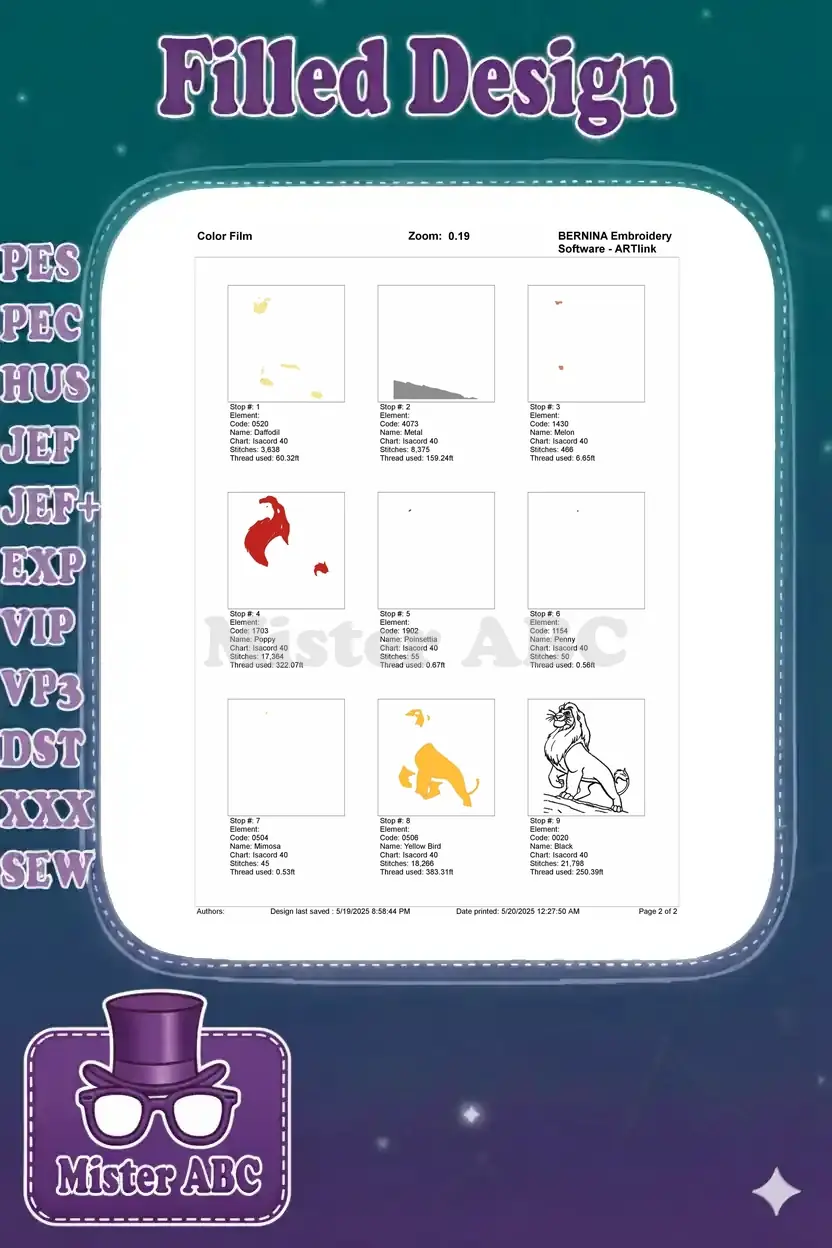 A color film breakdown of the Mufasa embroidery design, illustrating the stitch sequence for each color element.