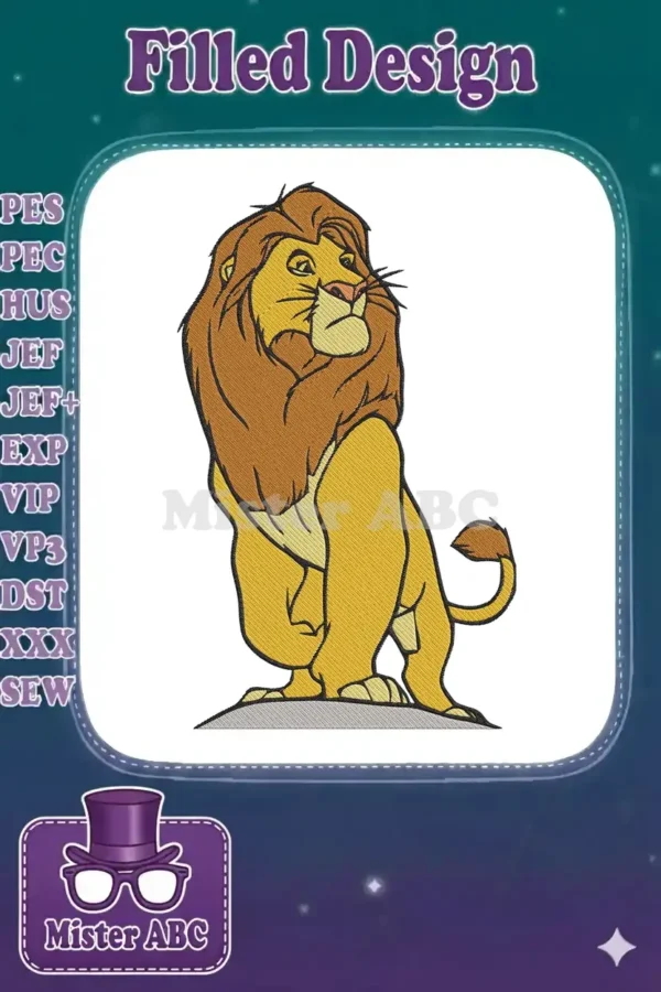 Detailed machine embroidery of a majestic lion, featuring rich golden and brown threads with intricate fill stitching.