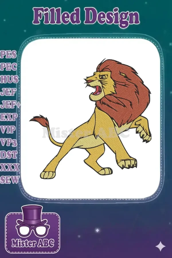 A vibrant embroidery design featuring a roaring cartoon-style lion with a majestic mane, captured mid-stride.