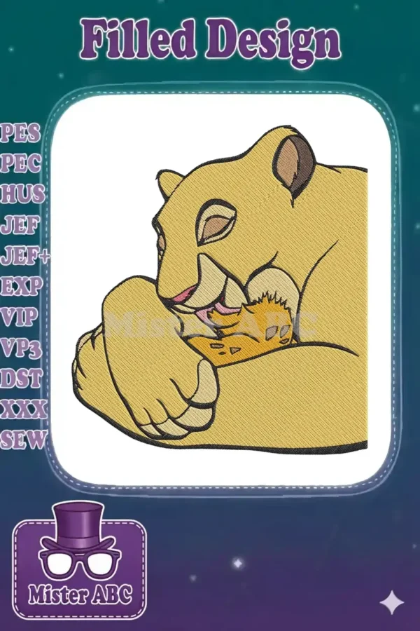Detailed embroidery design of a loving golden lioness nuzzling her cub, showcasing a heartwarming bond.