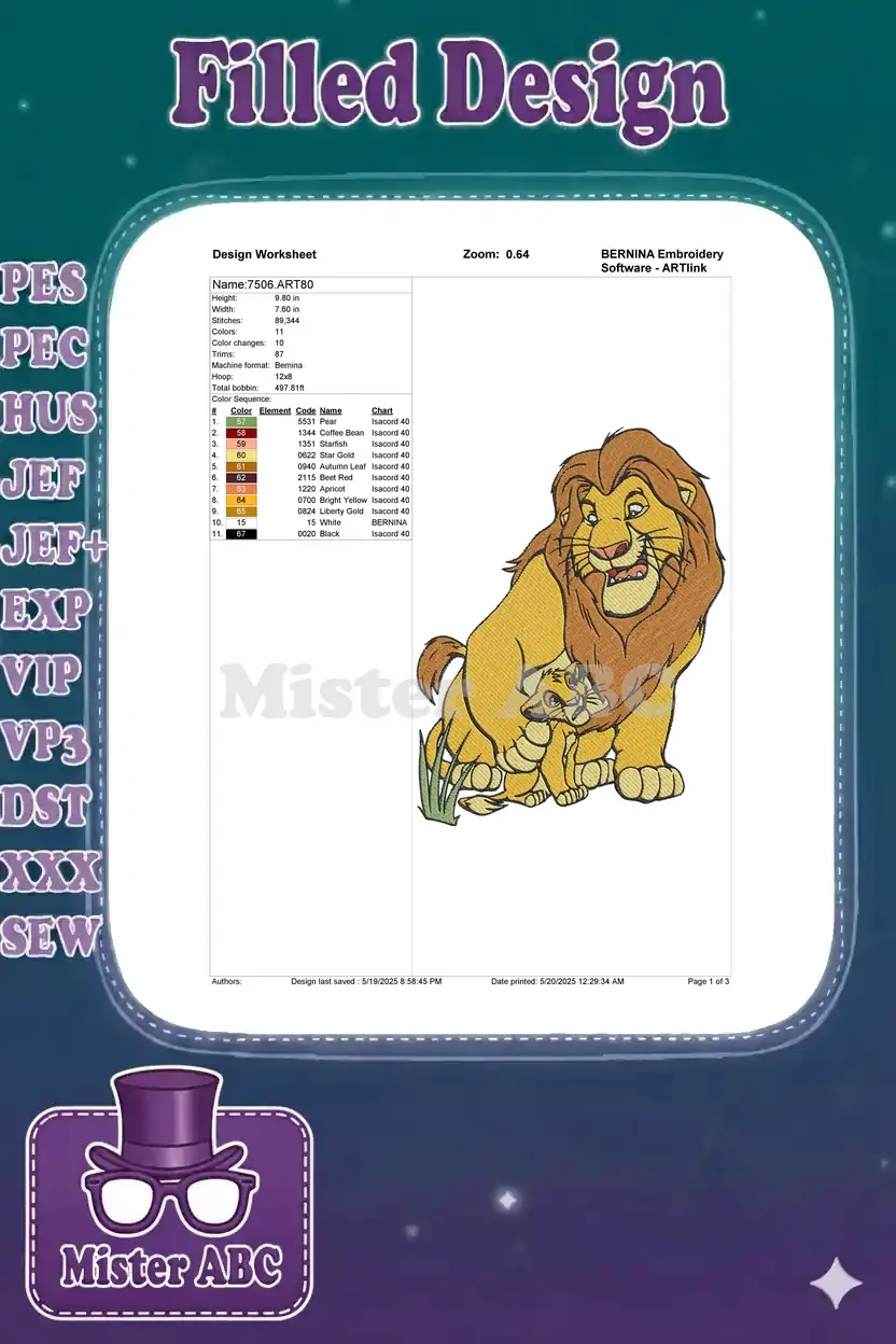 Embroidery design worksheet for Mufasa and Simba, showing dimensions, stitch count, and thread color chart.