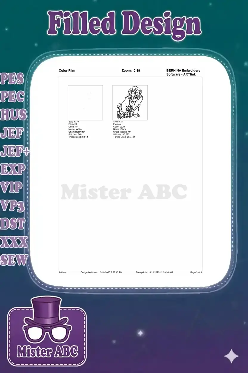 Final color film breakdown for Mufasa and Simba embroidery, showing the last two stitch elements for completion.