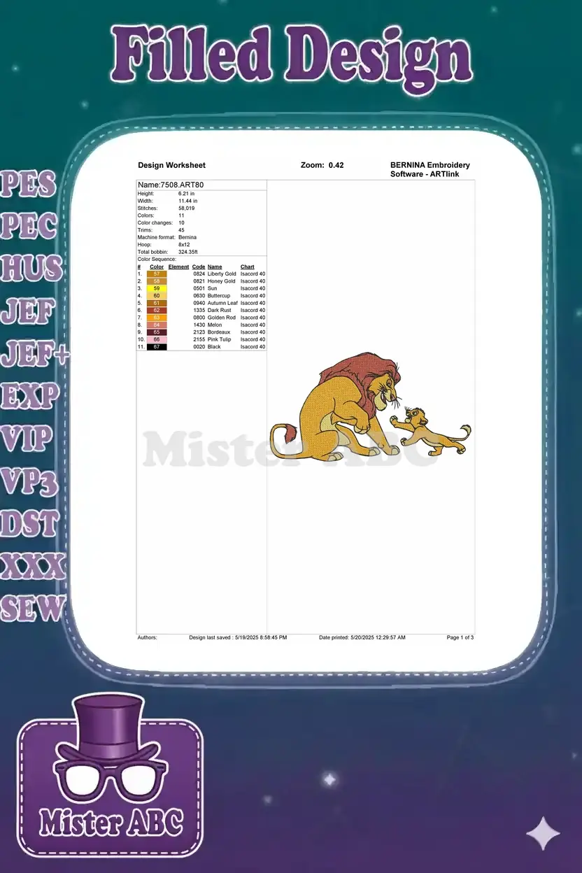 Embroidery design worksheet for Mufasa and Simba, detailing dimensions, stitch count, and color sequence.