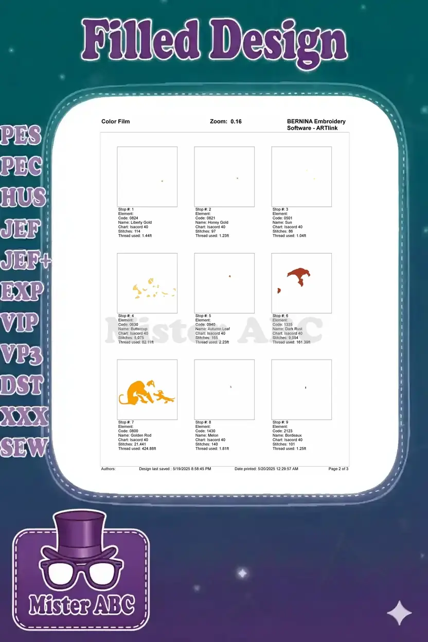 First page of the Color Film for Mufasa and Simba embroidery, showing initial stitch sequence and thread details.