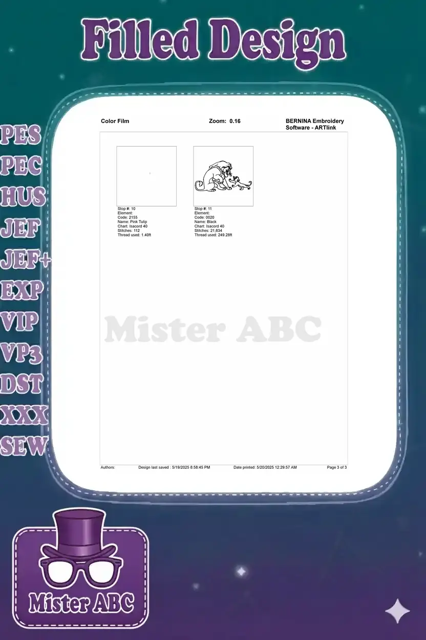 Second page of the Color Film for Mufasa and Simba embroidery, detailing the final stitch sequence elements.
