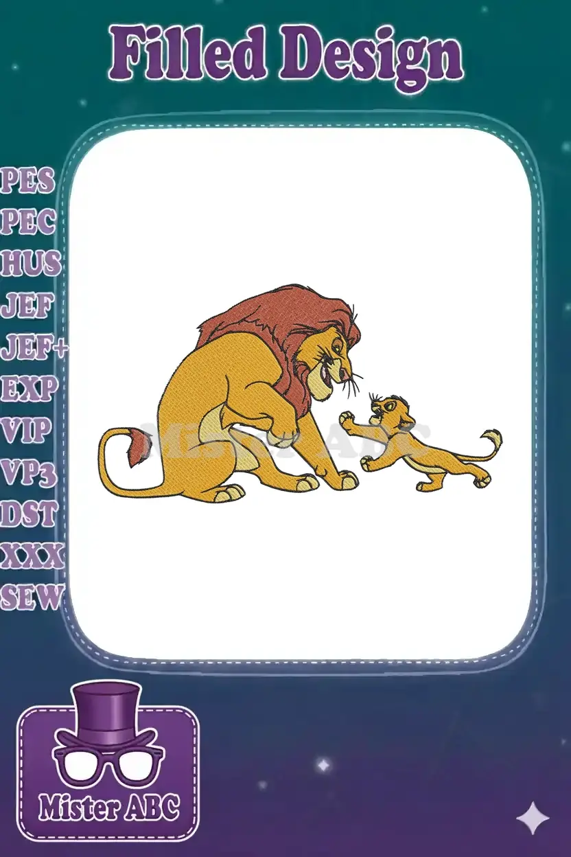 Mufasa and Simba, iconic characters from Disney's The Lion King, in a playful, high-quality embroidery design.