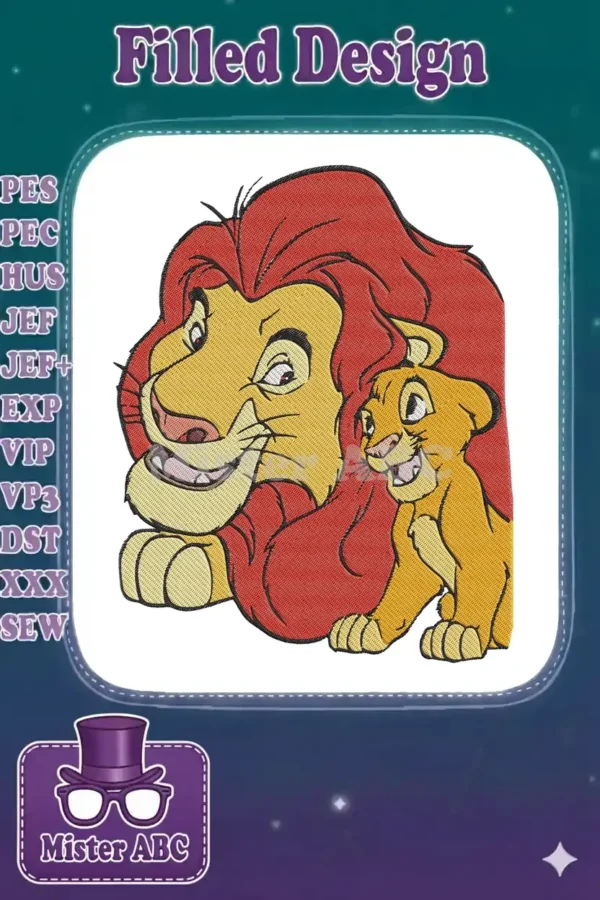 Mufasa and Simba embroidery design, depicting the iconic father-son duo from The Lion King, full of life.