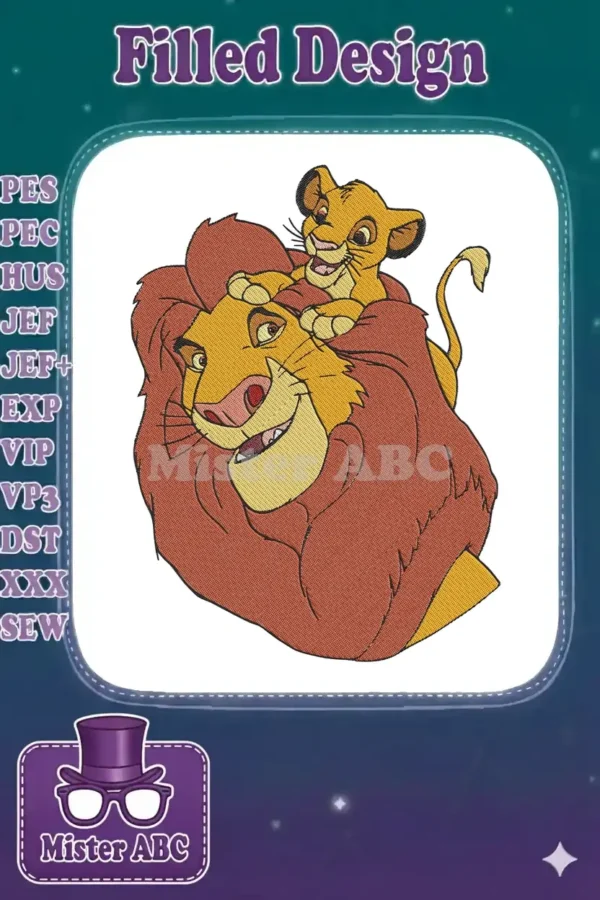 Close-up of a detailed embroidery design featuring Mufasa and Simba from The Lion King, showing their affectionate bond.