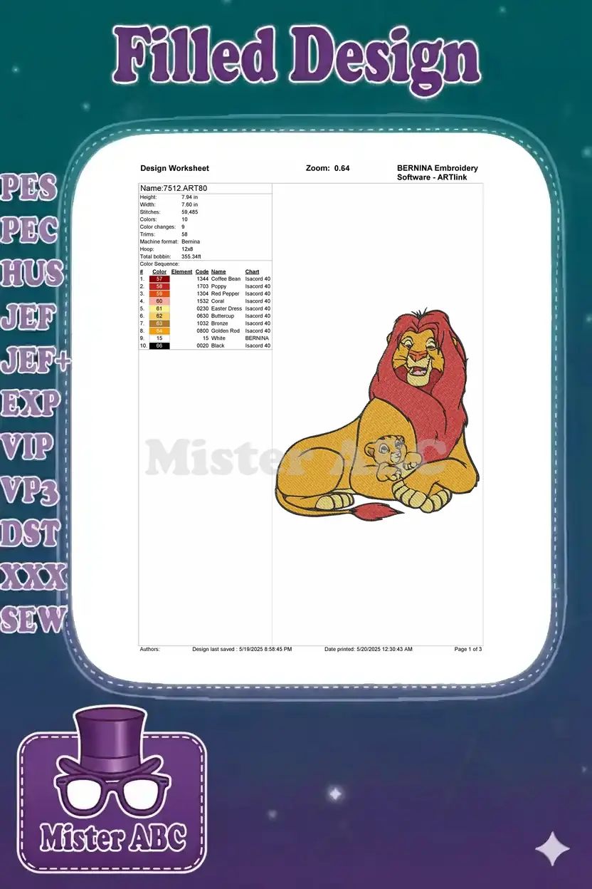 Detailed embroidery design worksheet for Mufasa and Simba, showing dimensions, stitch count, and color palette.
