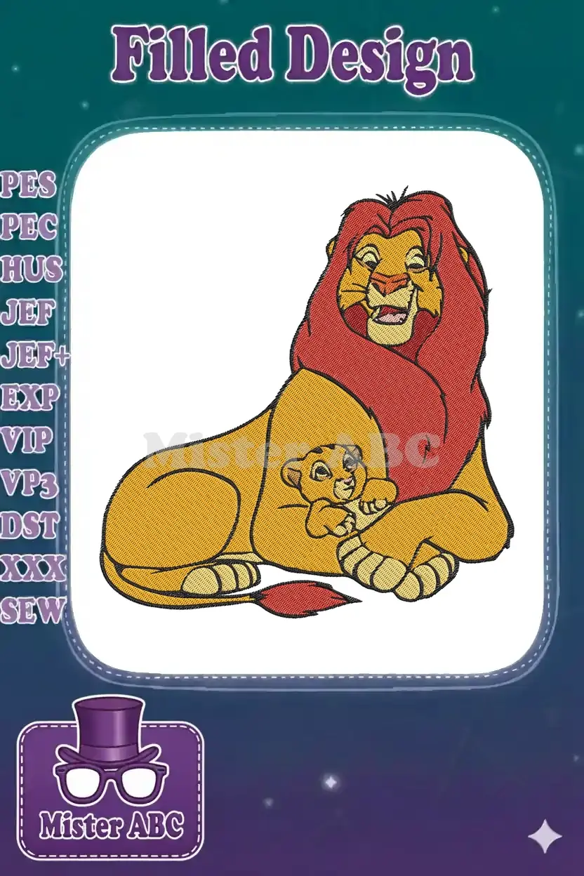Vibrant embroidery design featuring Mufasa and young Simba, showcasing intricate details and rich colors.