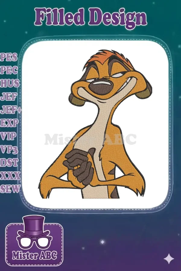 Close-up of a high-quality embroidery design featuring Timon from The Lion King with a confident expression.