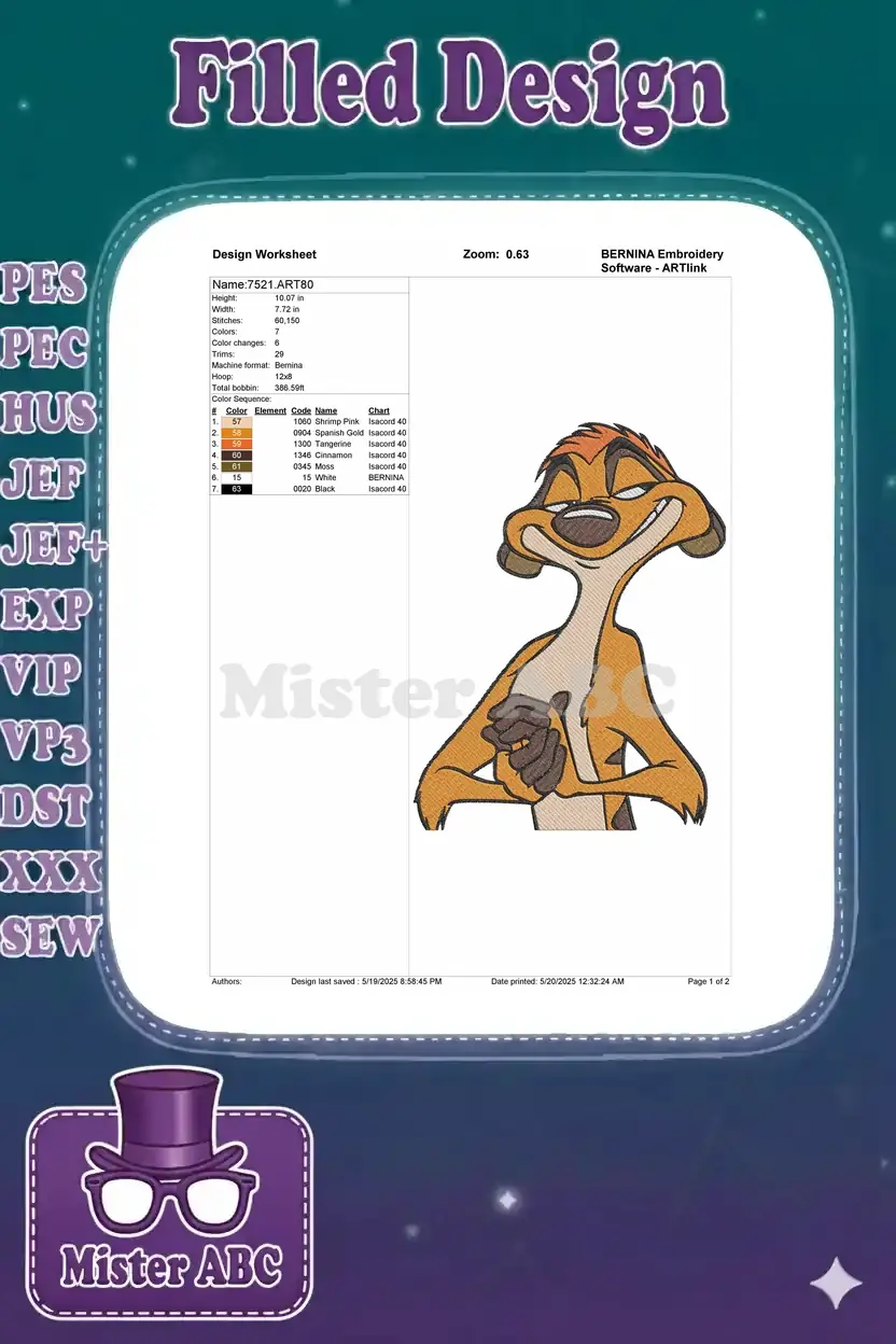 Embroidery design worksheet for Timon, detailing dimensions, stitch count, color sequence, and machine format.