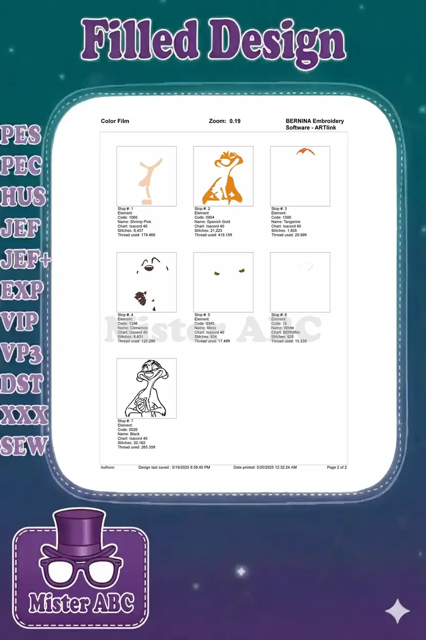 Color film breakdown illustrating the embroidery sequence, showing each color layer and stitch progression.