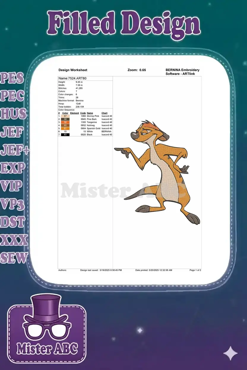 Embroidery design worksheet for Timon, detailing dimensions, stitch count, color changes, and thread chart.