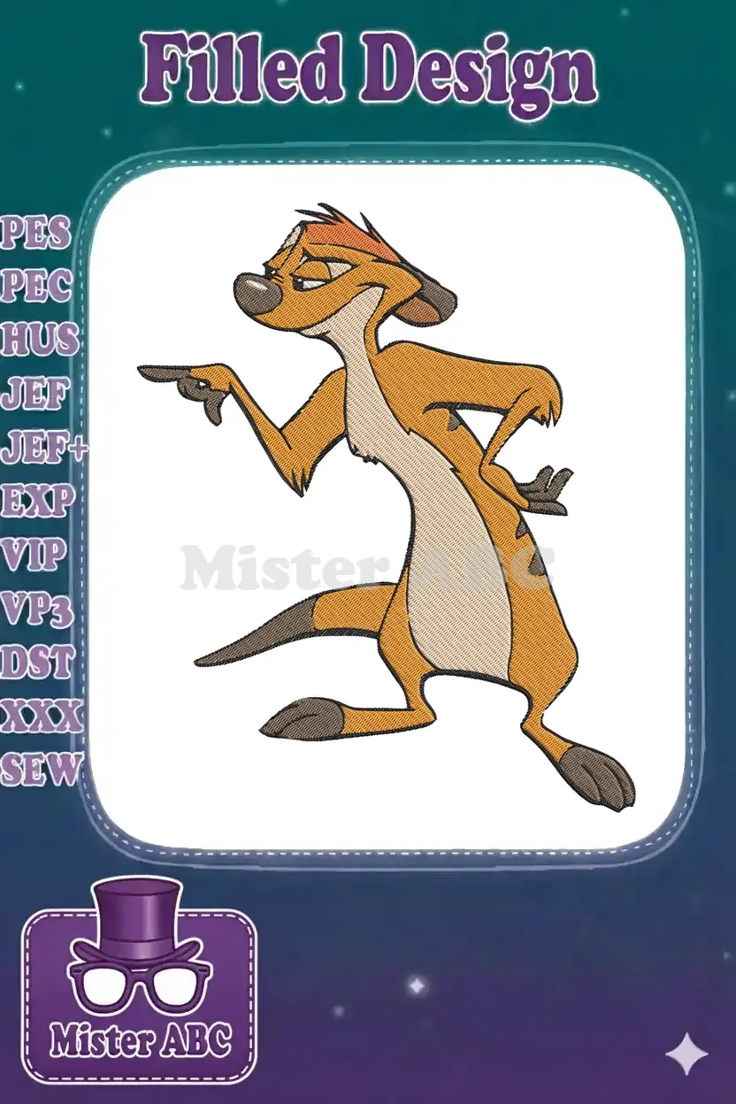 Vibrant embroidery design of Timon from The Lion King, pointing with a playful expression, perfect for apparel.