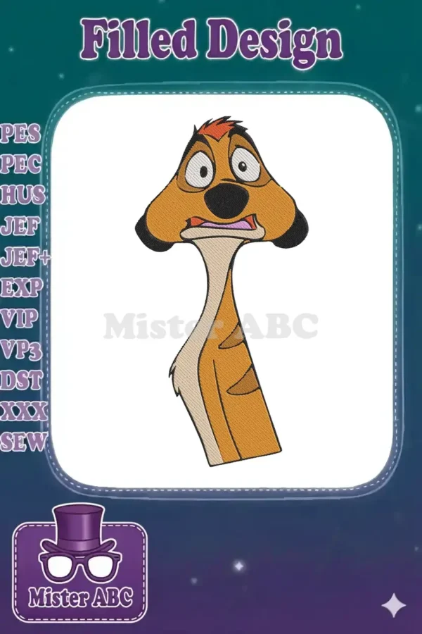 A detailed embroidery design of Timon from The Lion King, featuring his iconic surprised and worried expression.