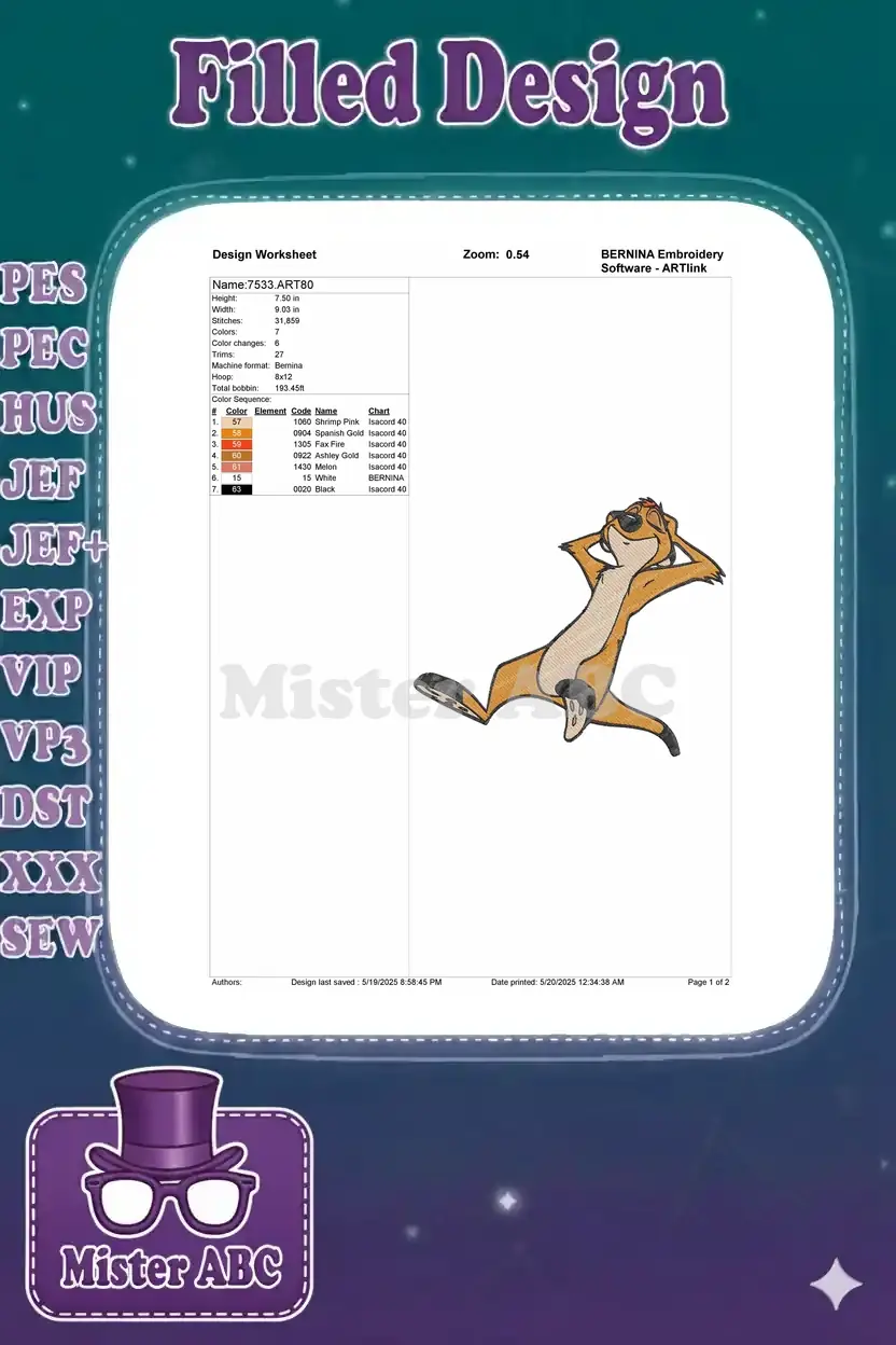 Embroidery design worksheet for Timon, detailing technical specifications like dimensions, stitch count, colors, and hoop size.