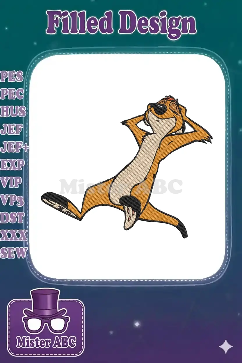 Embroidered design of Timon from The Lion King, lying back with sunglasses, hands behind head, in a relaxed pose. Perfect for Disney fans.