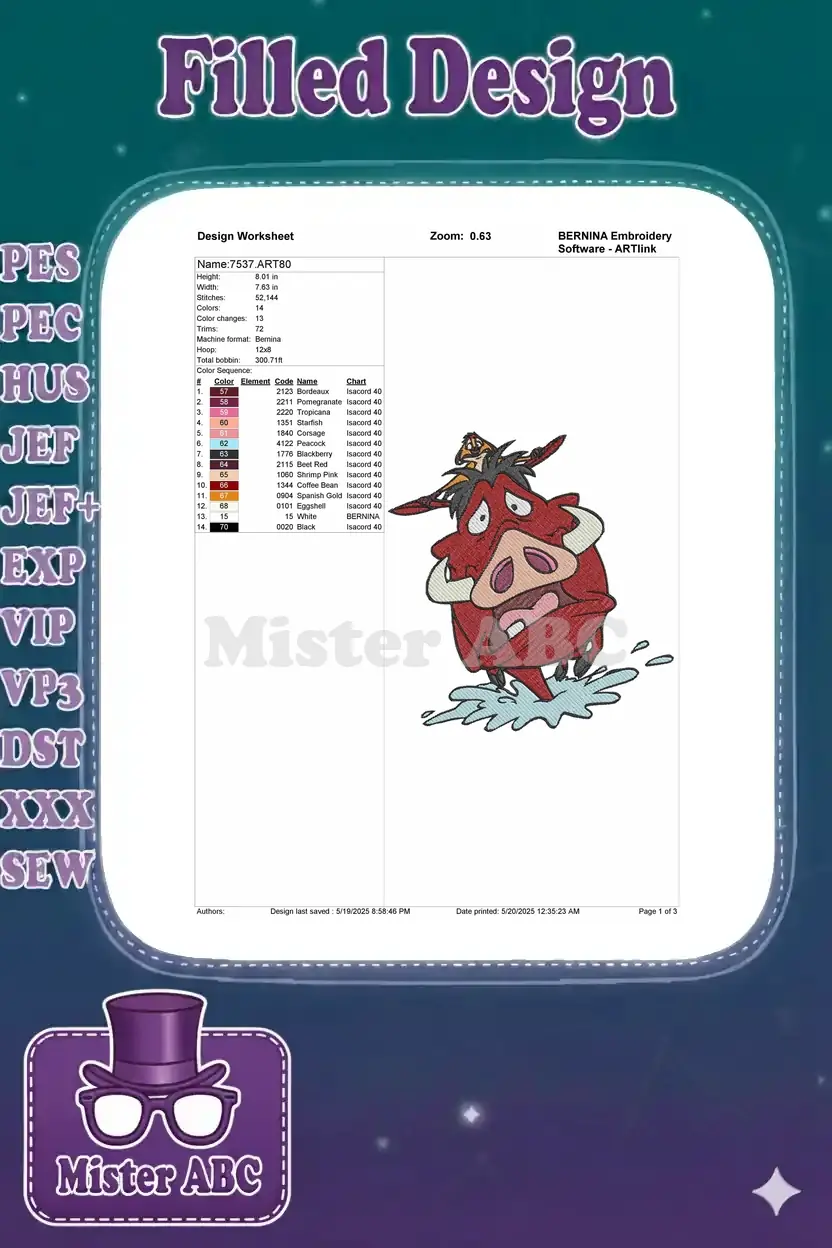 Detailed embroidery worksheet for design 7537.ART80, showing dimensions, stitch count, color sequence, and machine format.