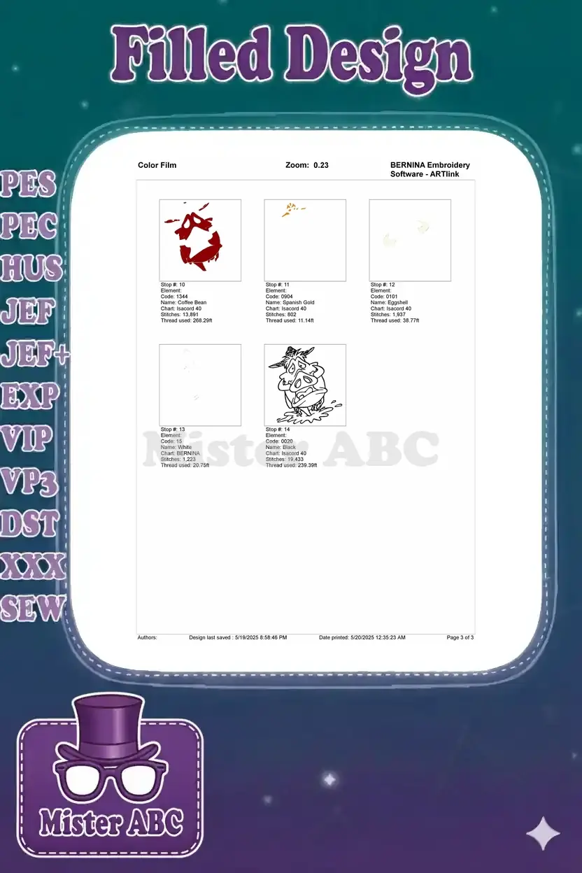 Color film page detailing the final five color stops and detailed stitch sequences for the embroidery design.