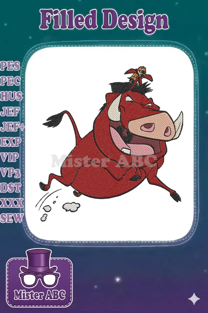 A high-quality embroidery design of Pumbaa the warthog running, with Timon the meerkat riding on his head.