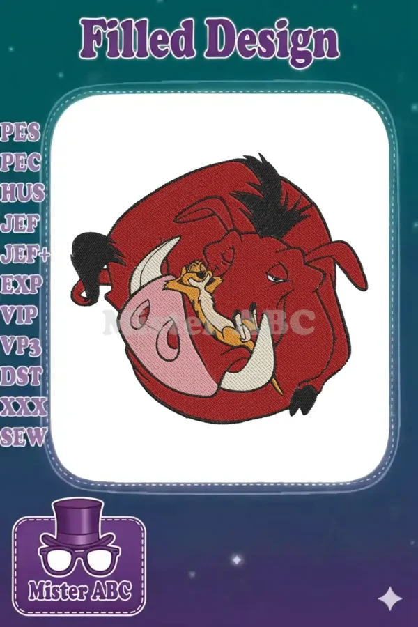 Close-up of a detailed embroidery design featuring Pumbaa the warthog with Timon the meerkat resting on his tusk.