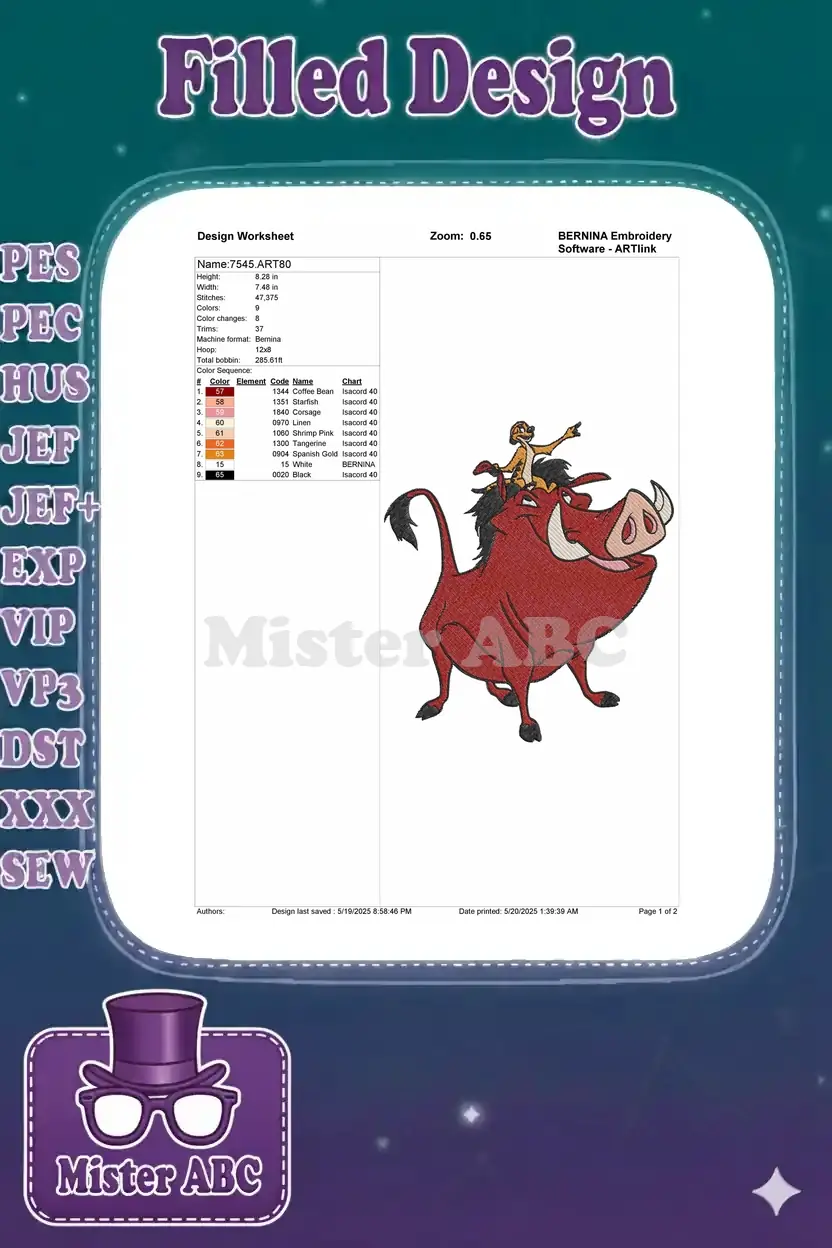 Embroidery design worksheet for Timon and Pumbaa, detailing stitch counts, color sequence, and machine specifications.