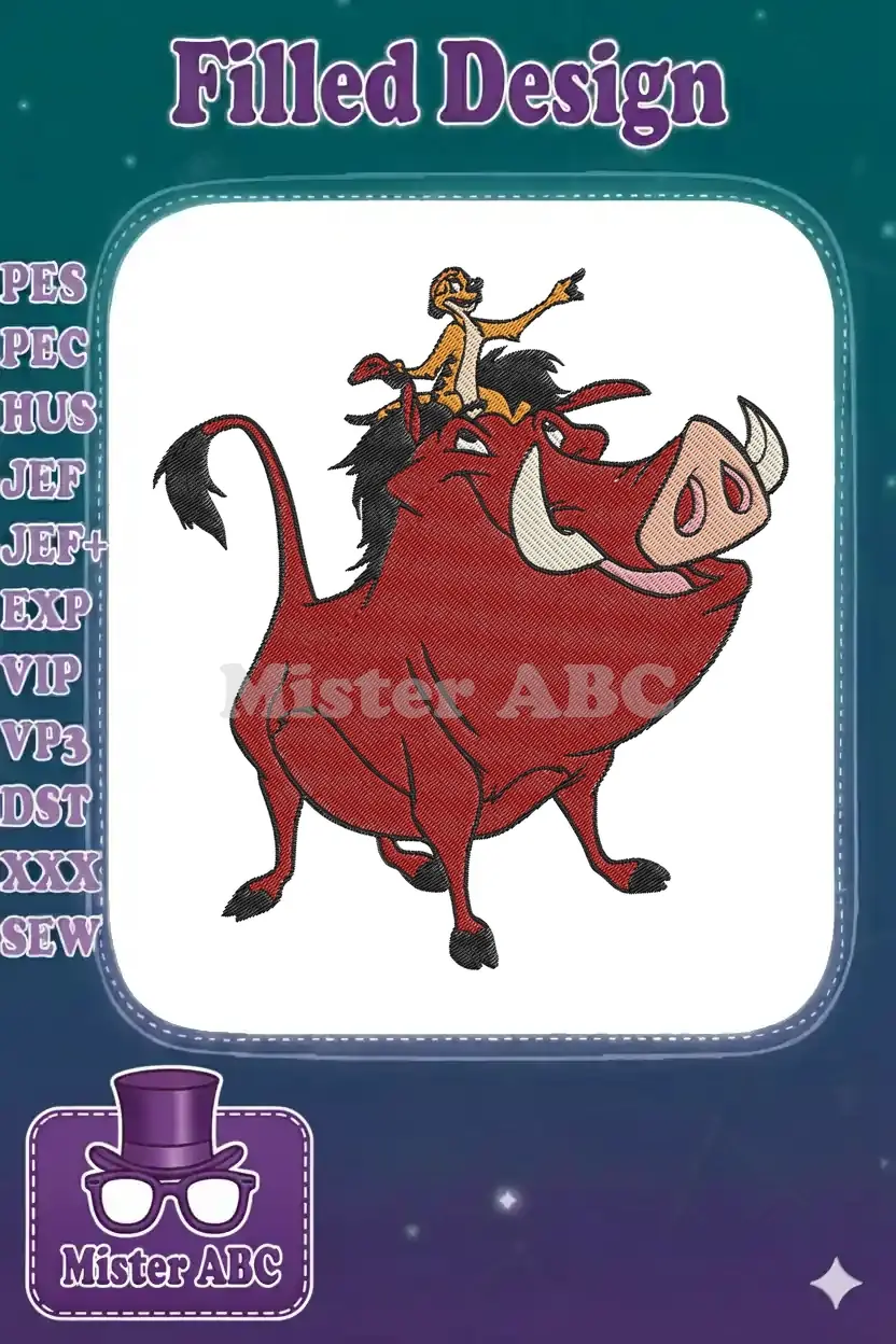 Timon the meerkat riding on Pumbaa the warthog's back, a vibrant Disney embroidery design with detailed stitching.