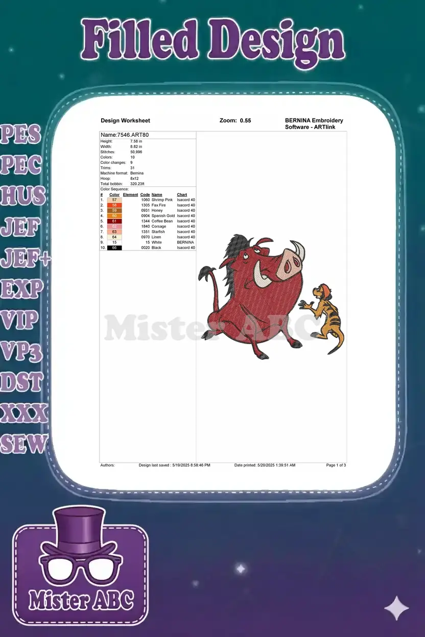 Detailed BERNINA embroidery worksheet for Pumbaa and Timon, outlining stitch count, colors, and dimensions.