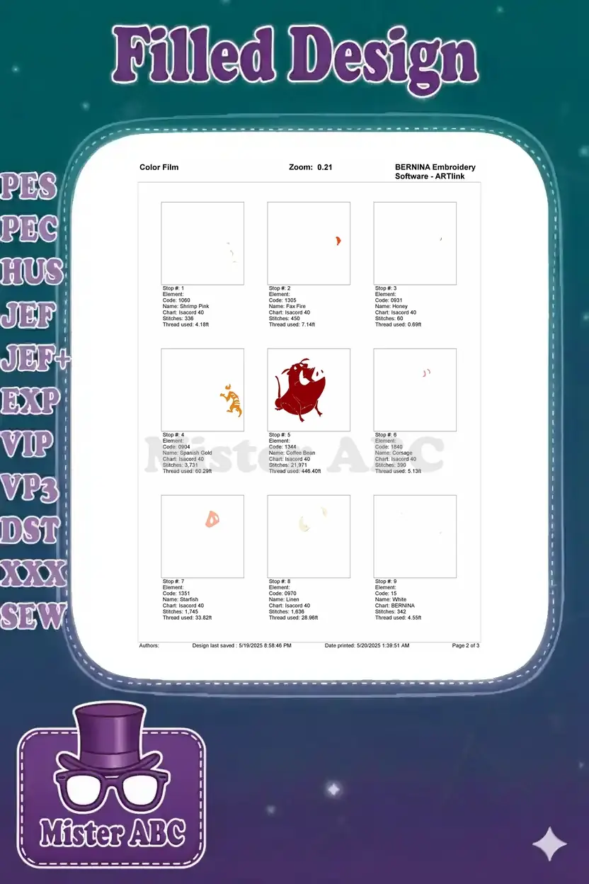 First page of the color film for Pumbaa and Timon, detailing individual color stops, thread codes, and stitch counts.