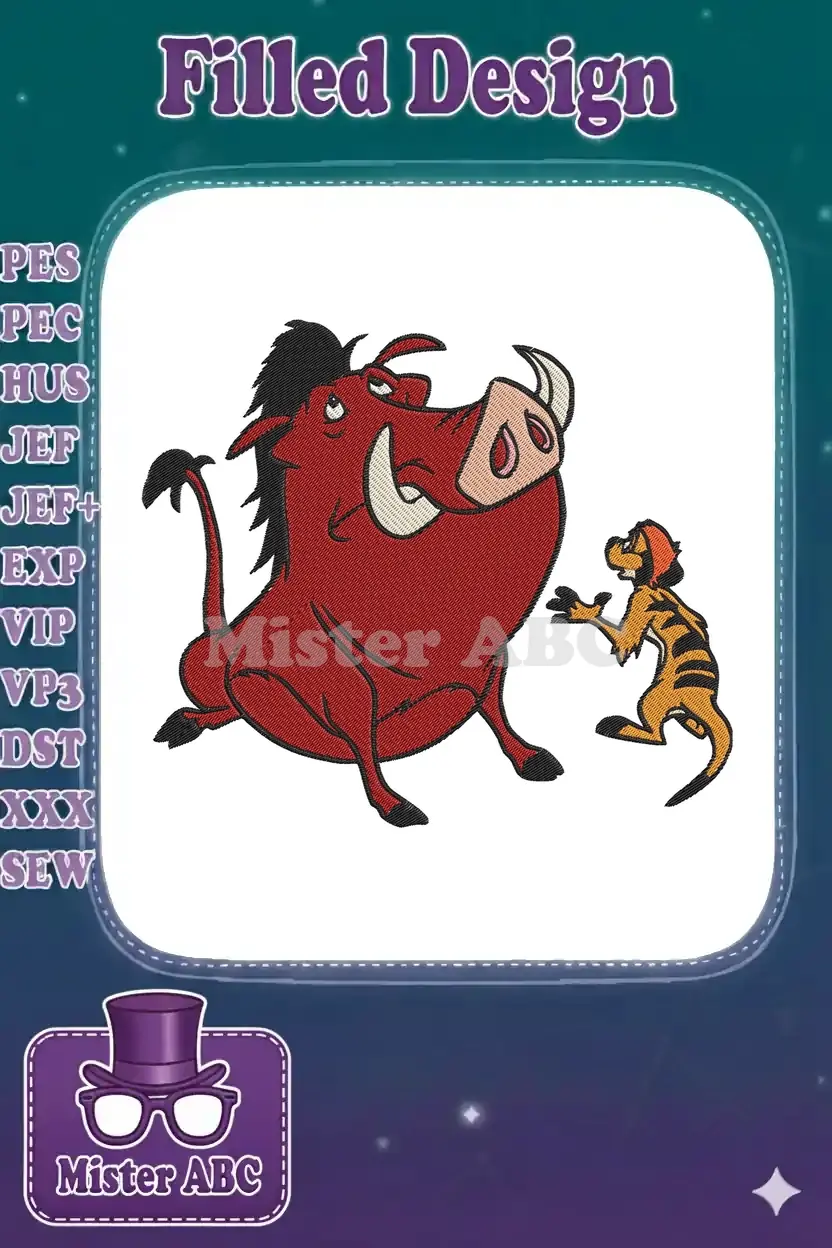 Vibrant embroidery design of Pumbaa and Timon, capturing their playful essence from Disney's The Lion King.