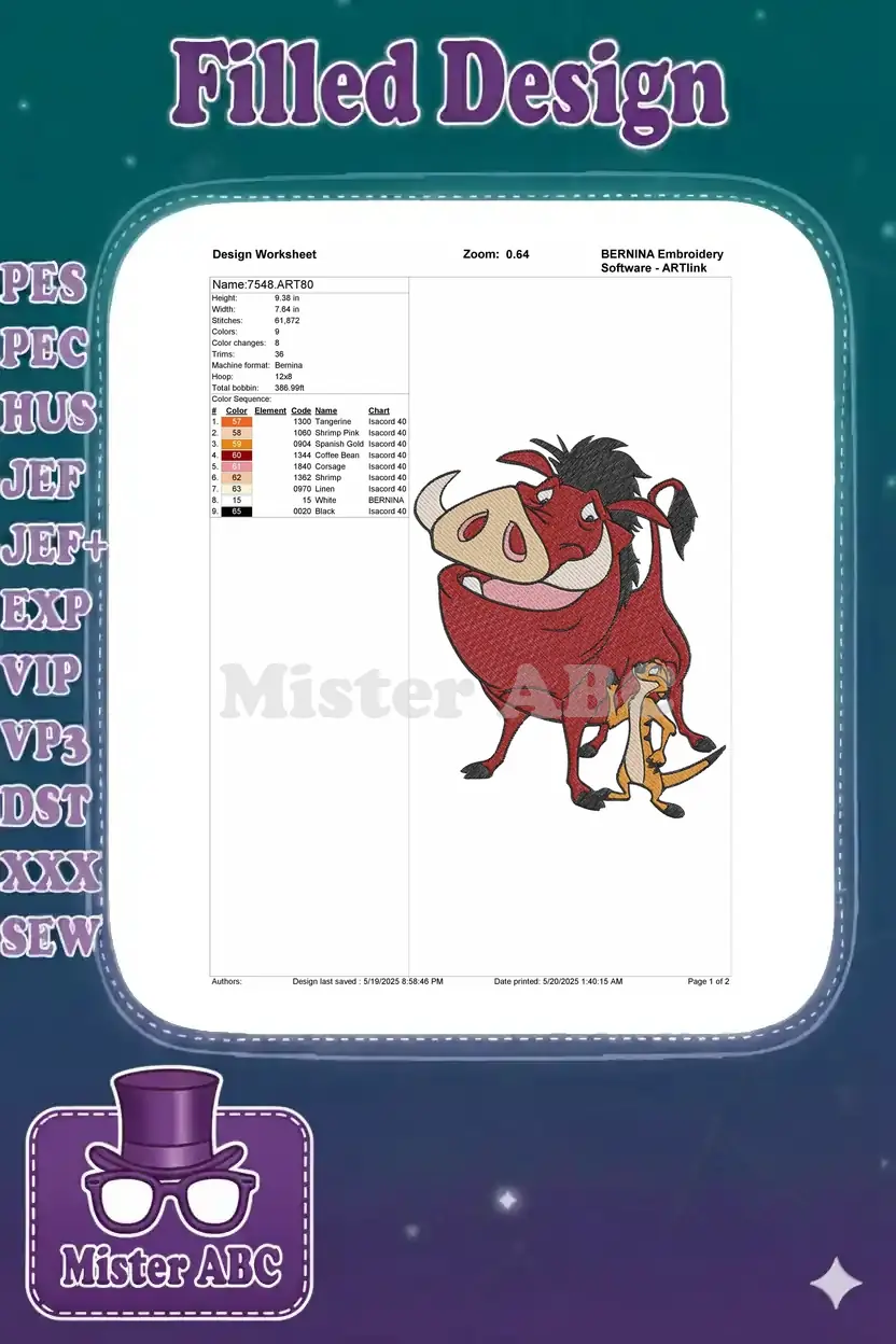 Embroidery design worksheet for Pumbaa and Timon, showing dimensions, stitch count, color sequence, and a small preview.