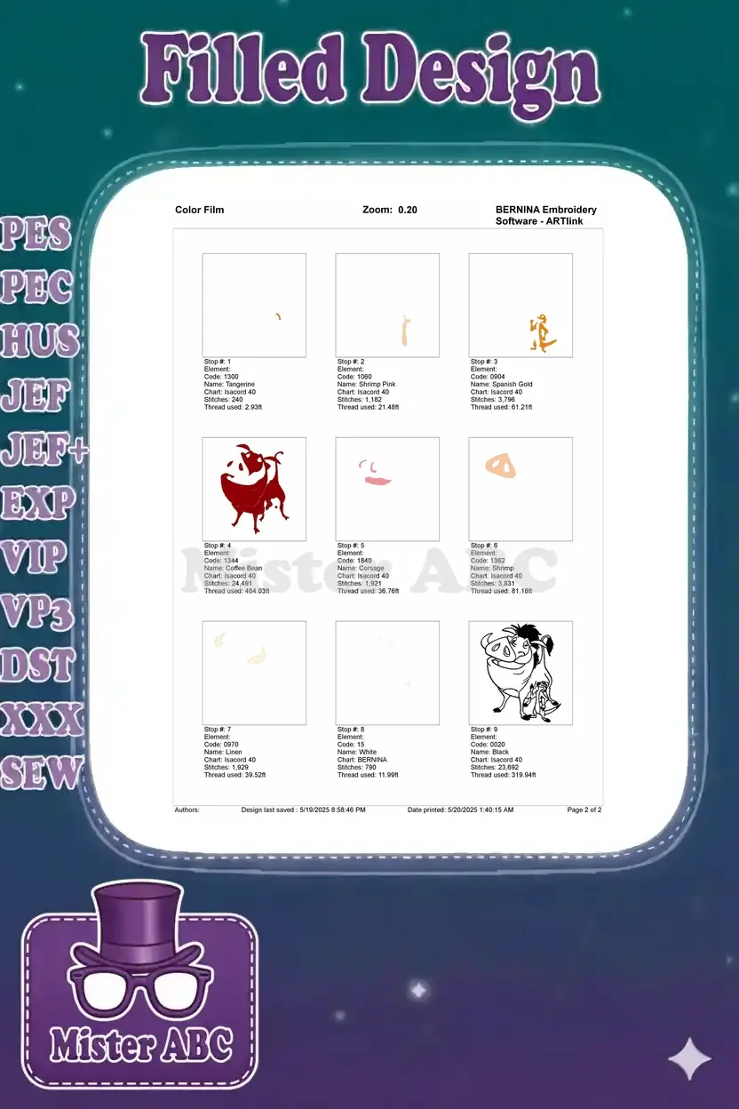 Color film breakdown of the Pumbaa and Timon embroidery, showing each individual color's stitch layer.