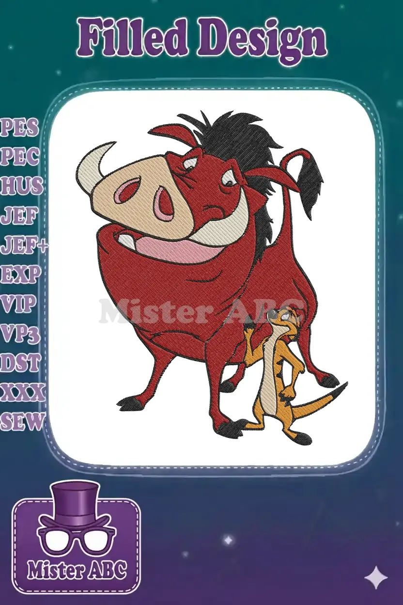 Detailed embroidery design of Disney's Pumbaa the warthog and Timon the meerkat, standing together, smiling.