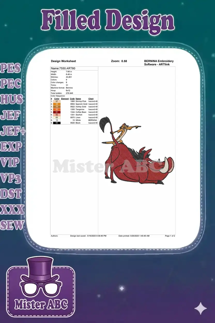 Embroidery design worksheet for '7550.ART80', showing dimensions, stitch count, color sequence, and a small design preview.