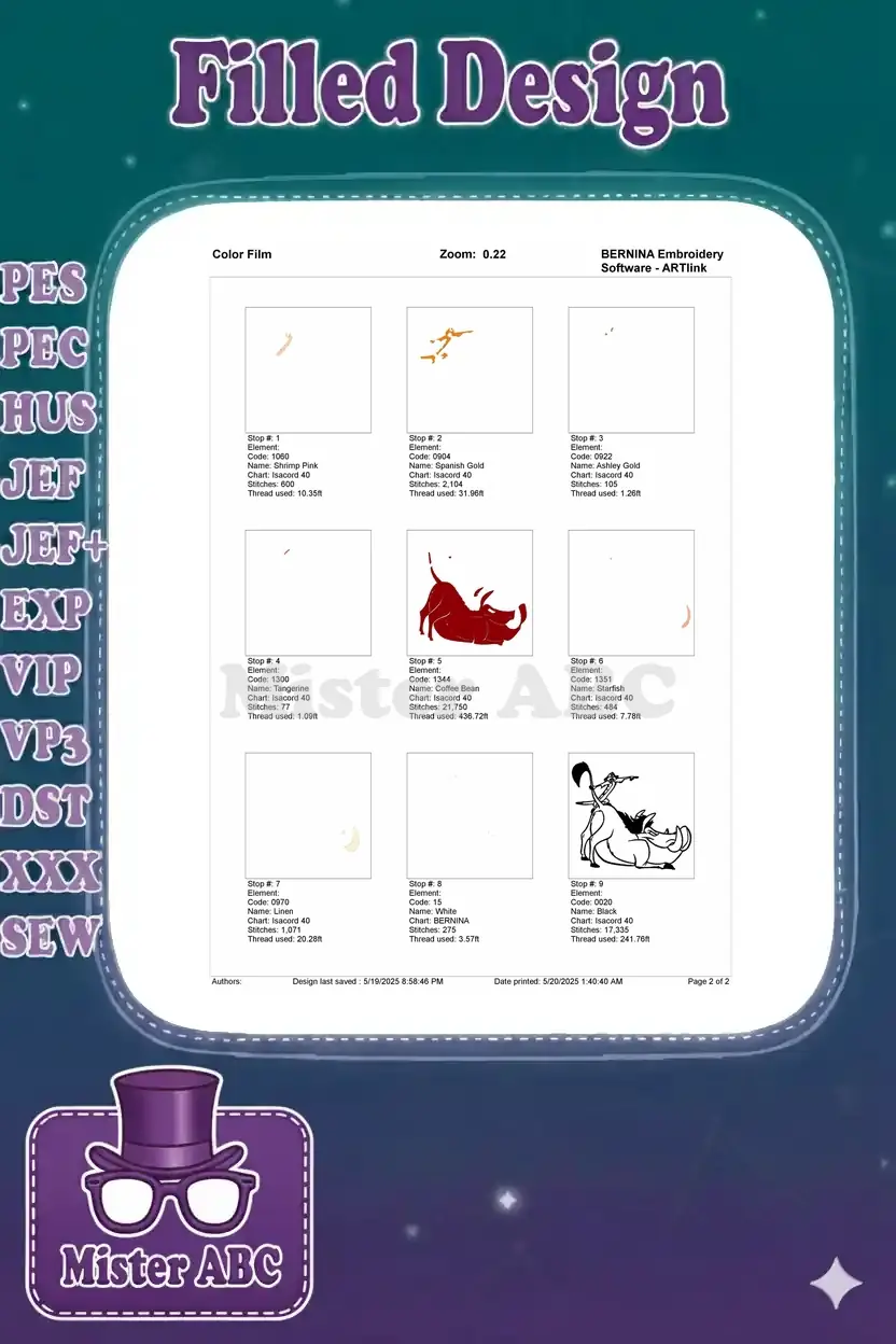 Color film breakdown for the embroidery design, displaying individual stitch elements by color and thread usage.