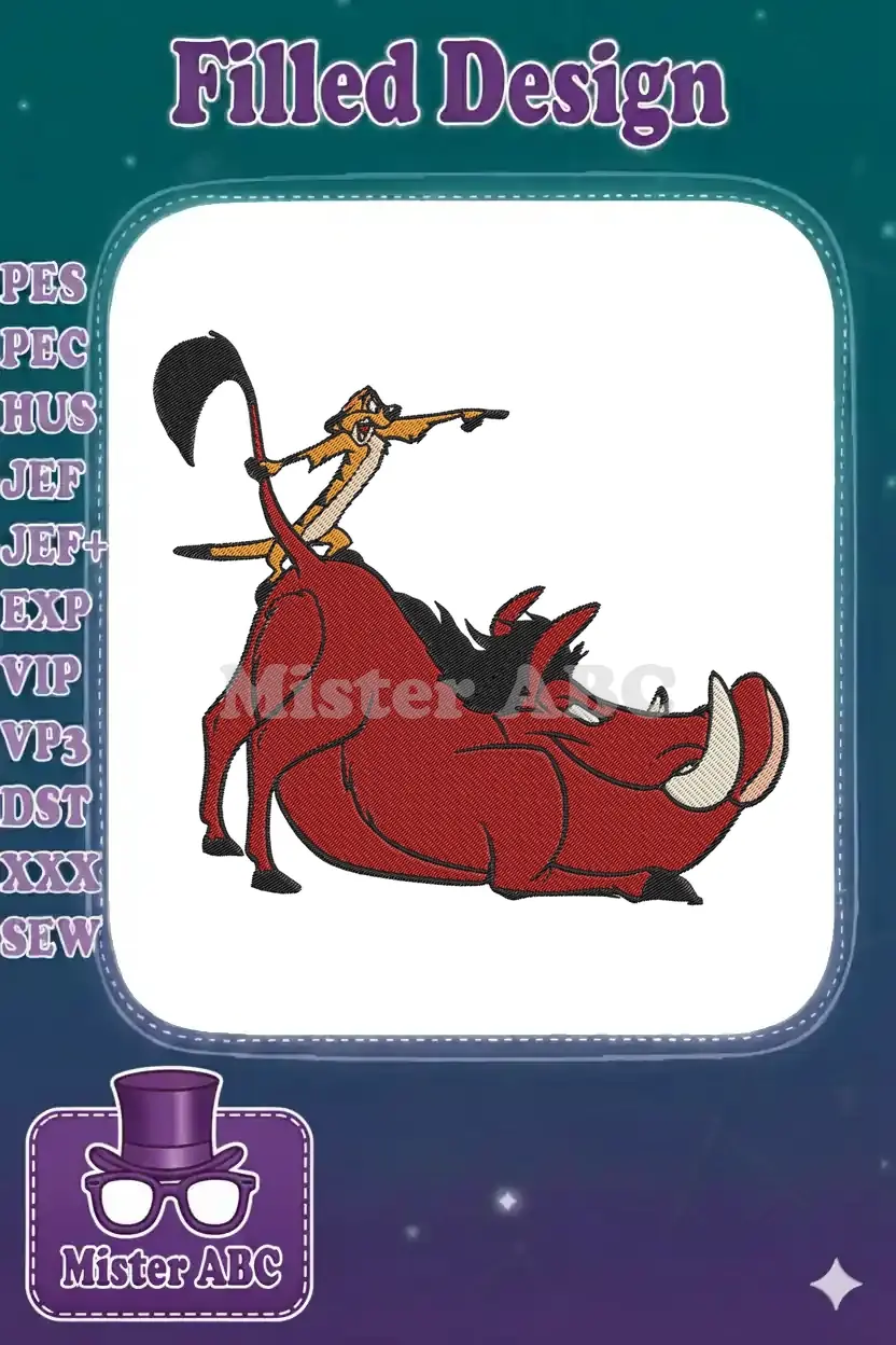 Timon and Pumbaa embroidery design, featuring Timon standing on Pumbaa's back, pointing forward with enthusiasm.