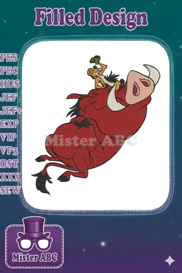 Vibrant embroidery of Simba the lion cub riding Pumbaa the warthog, from Disney's The Lion King, on a white background.