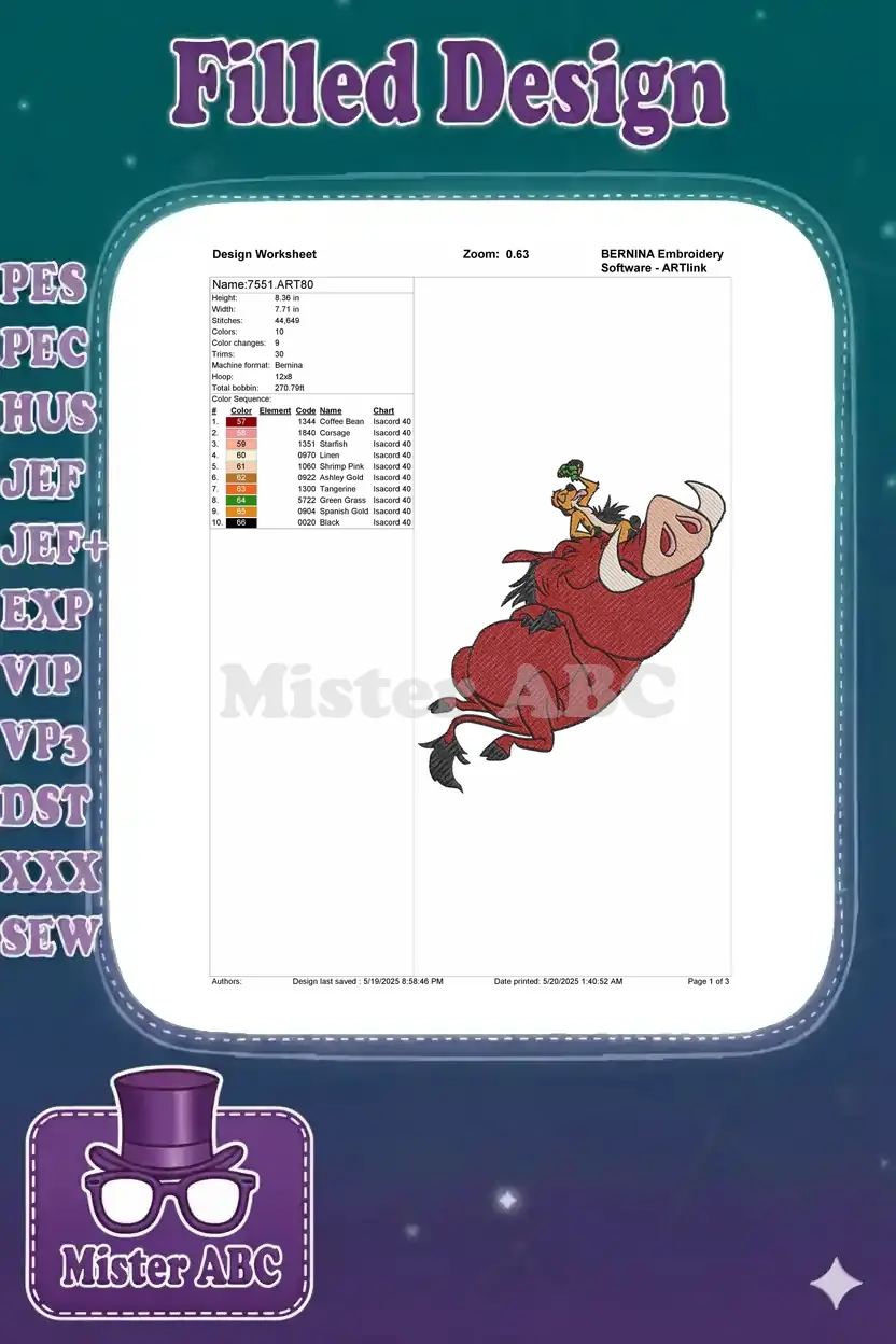 Embroidery design worksheet for Simba and Pumbaa, showing dimensions, stitch count, color sequence, and thread details.