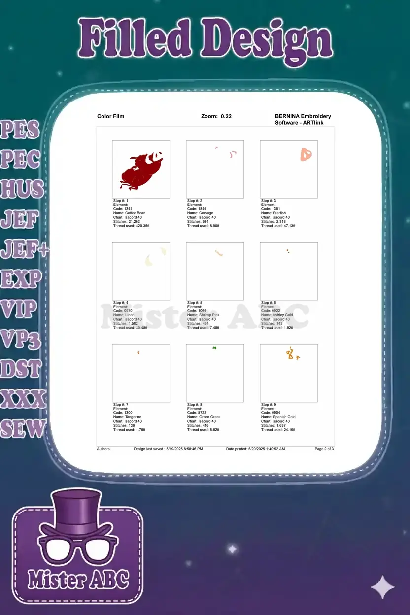 First page of the color film, breaking down the embroidery design into individual color elements and stitch counts.