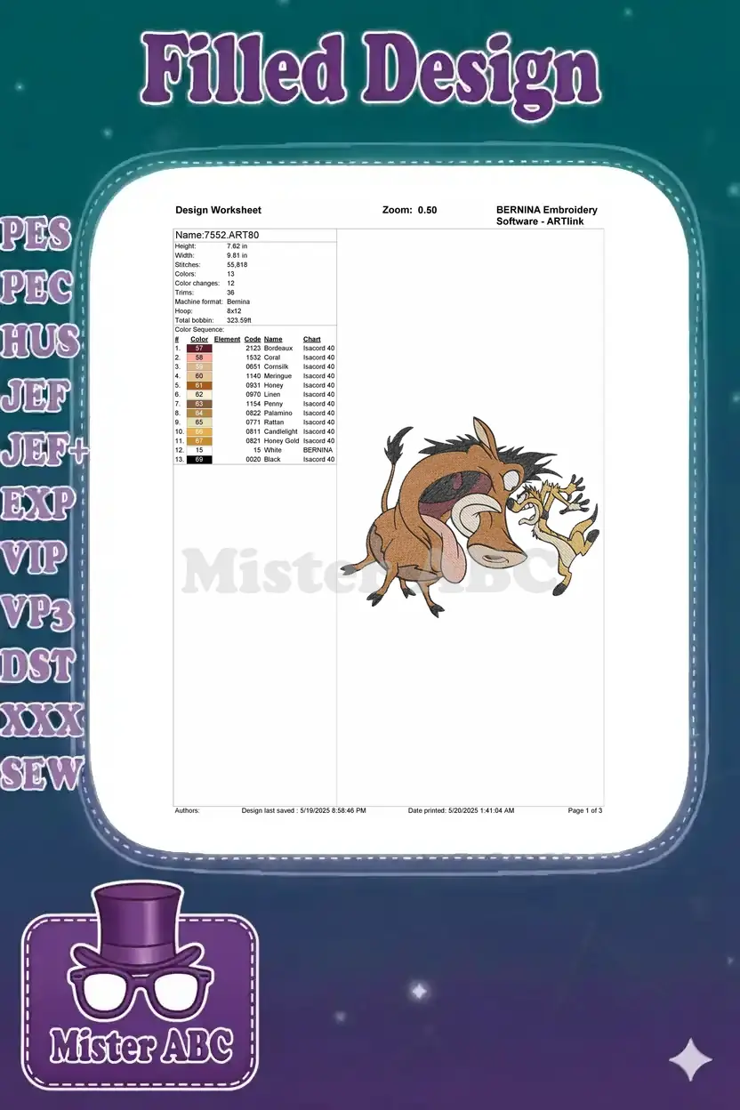 Design worksheet for the Pumbaa and Timon embroidery, showing dimensions, stitch count, color chart, and design preview.
